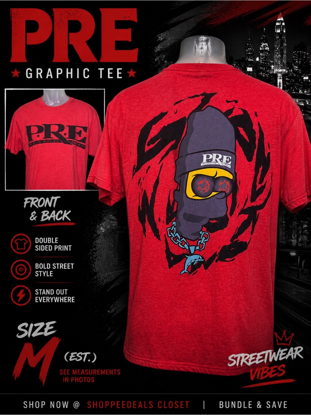 PRE Graphic T-Shirt Red Streetwear Tee Double-Sided Print